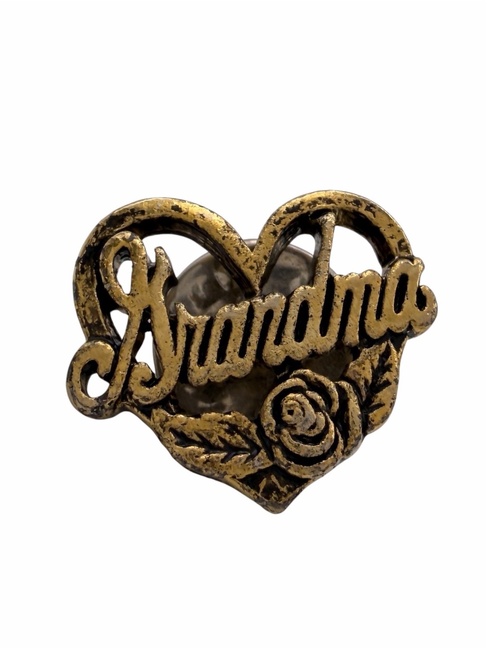 Vintage Grandma Heart Brooch Gold Tone Rose Floral Script Pin